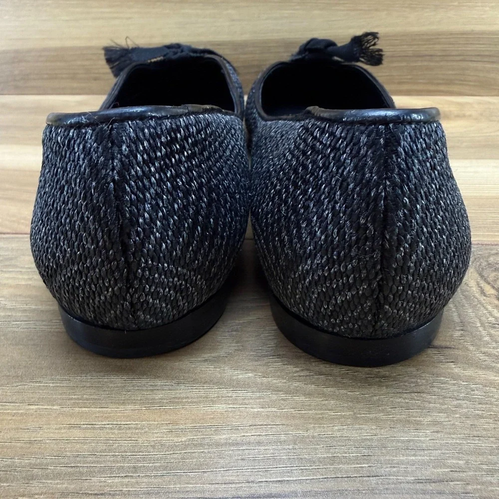 Salvatore Ferragamo Varina Raffia Woven Flats 10 B Womens Black Bow Slip On
